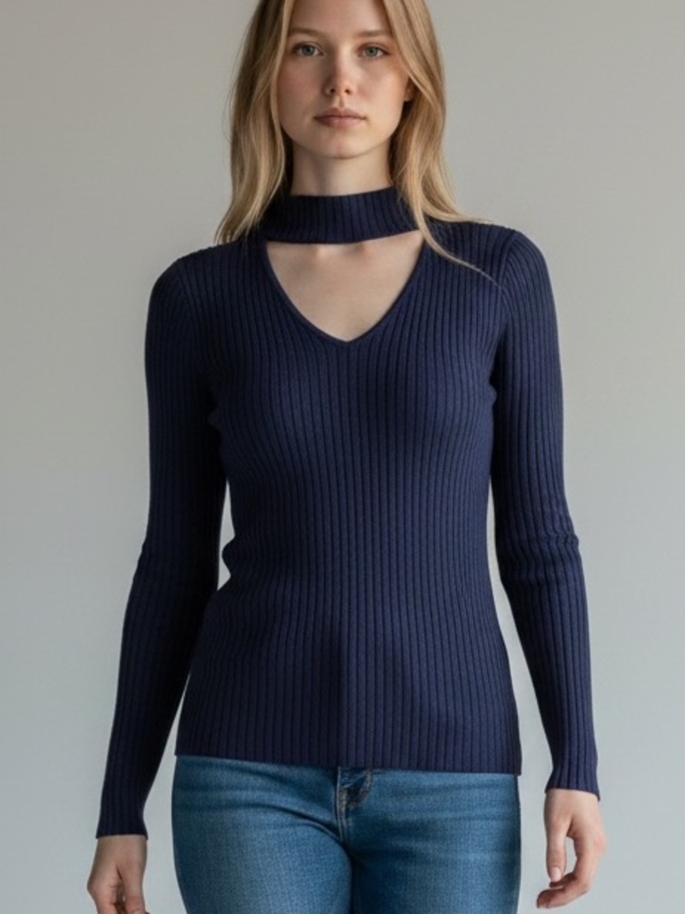 Ashley Stewart Navy Ribbed V-Neck Sweater with Choker Detail